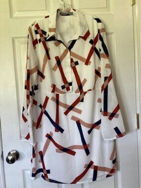 Lulus Geometric Print Shirt Dress Roll-Tab Sleeves White Navy Red Large